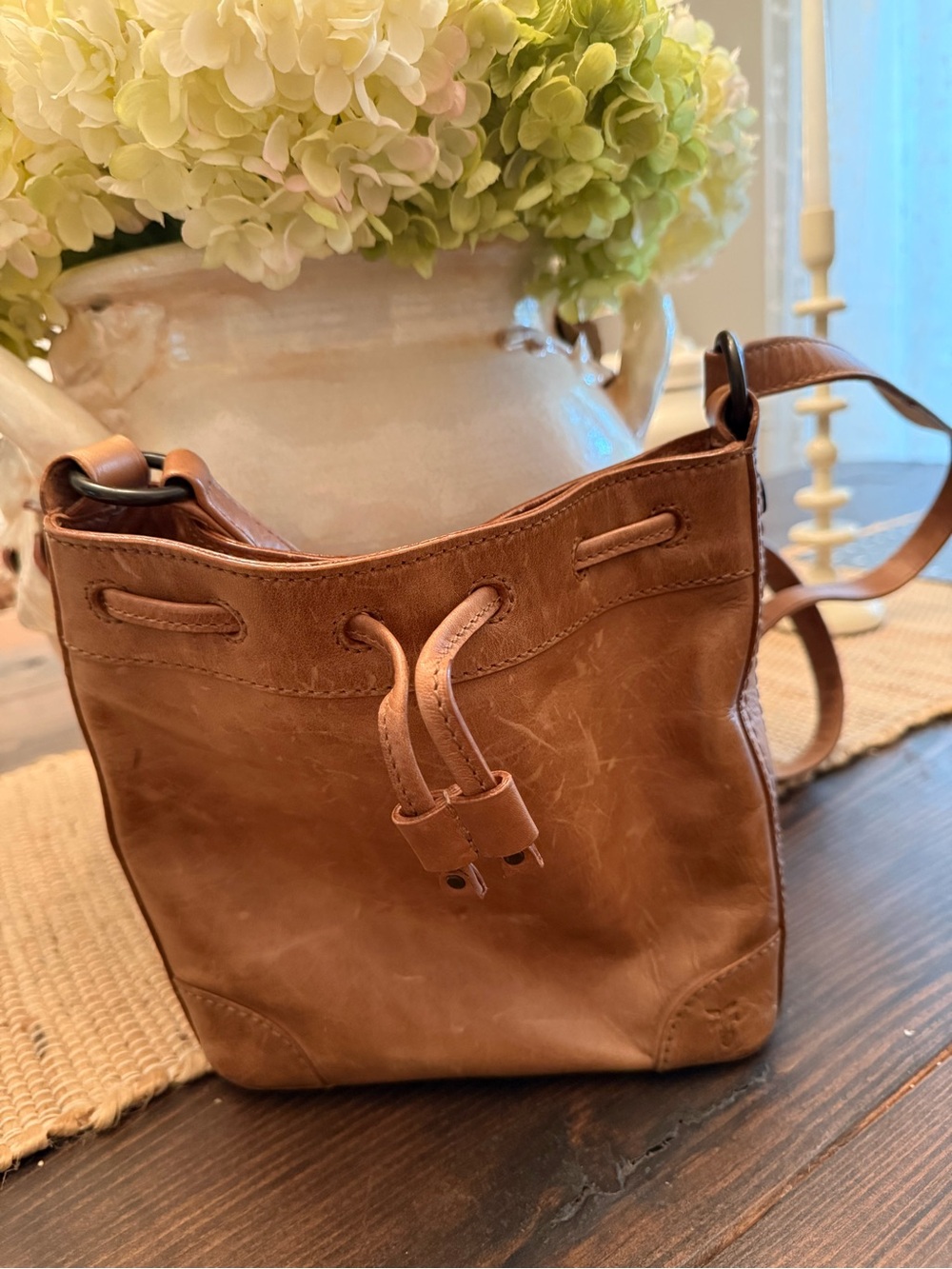 Frye Brown Leather Drawstring Crossbody Bag